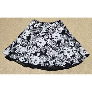 Women's Studio 253 Black and White Floral Knee-Length Layered Lined Skirt (Lg)